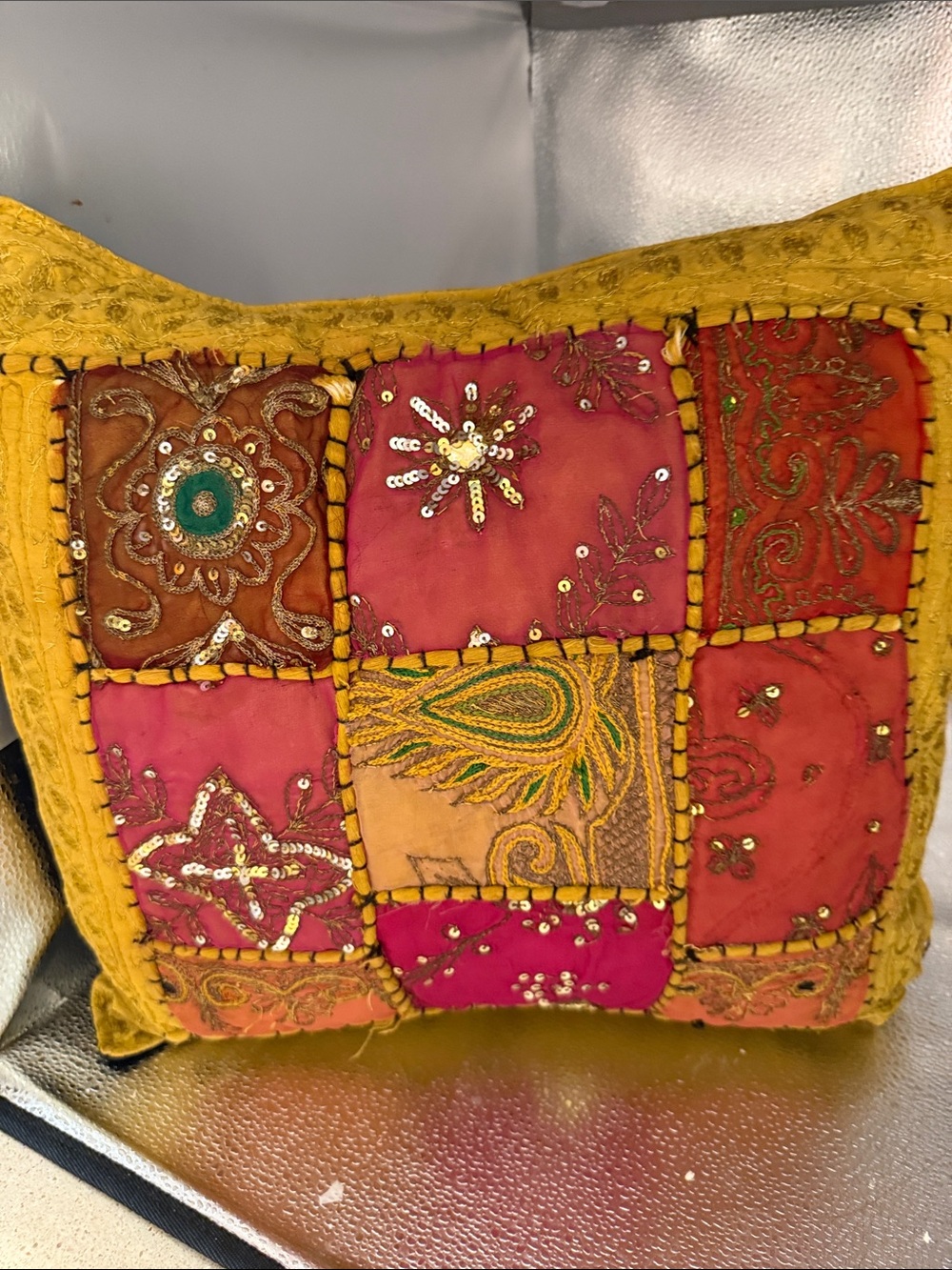 Embroidered Patchwork Sequenced, beaded pillow cover in red, mustard yellow